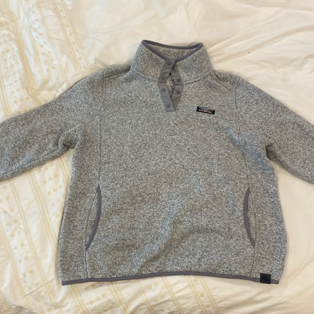 Women’s LL Bean large petite gray sweater fleece pullover jacket